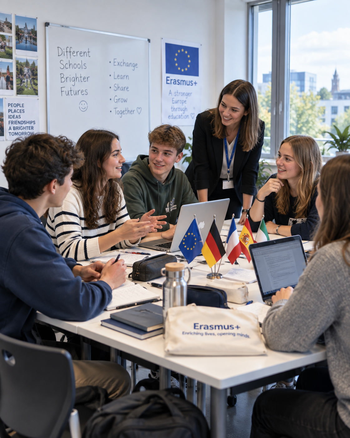Students and teacher participating in an Erasmus+ school education mobility classroom activity